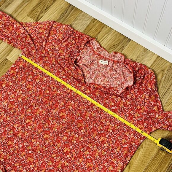 Max Studio Womens Plus Sz 1X Ruffle Neck Top Red White Floral Long Sleeve BOHO - Picture 11 of 15
